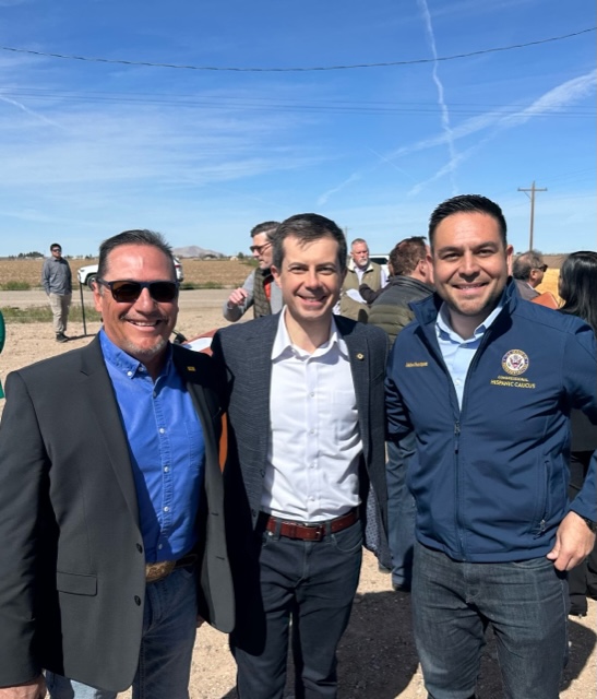 Ray Trejo (County Commissioner Dist. 1), US Secretary of Transportation Pete Buttigieg and Gabe Vasquez (NM Congressman CD2) in Deming NM